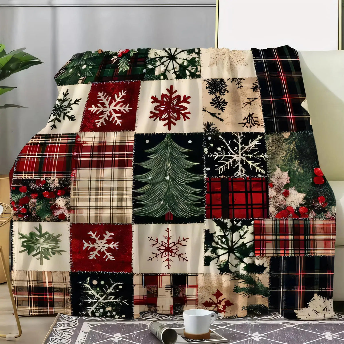 Colorful Christmas Patchwork Blanket Cozy Sofa Throw with Festive Patterns - Red and Black Plaid, Pine Trees, Snowflakes, and Ho