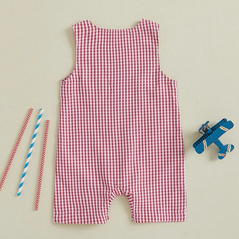 Citgeett Summer Independence Day Infant Boys 4th of July Jumpsuit Sleeveless Flag Embroidery Plaid Romper Clothes