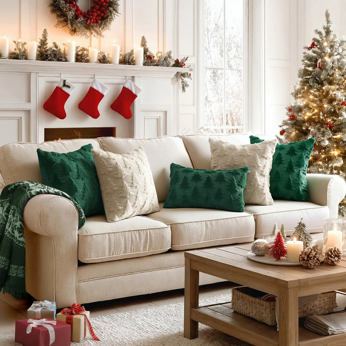 Christmas Throw Pillow Covers Set of 2 Xmas Tree 18x18 Pillow Covers Soft Plush Faux Wool Pillowcases Festival Winter Home Decor