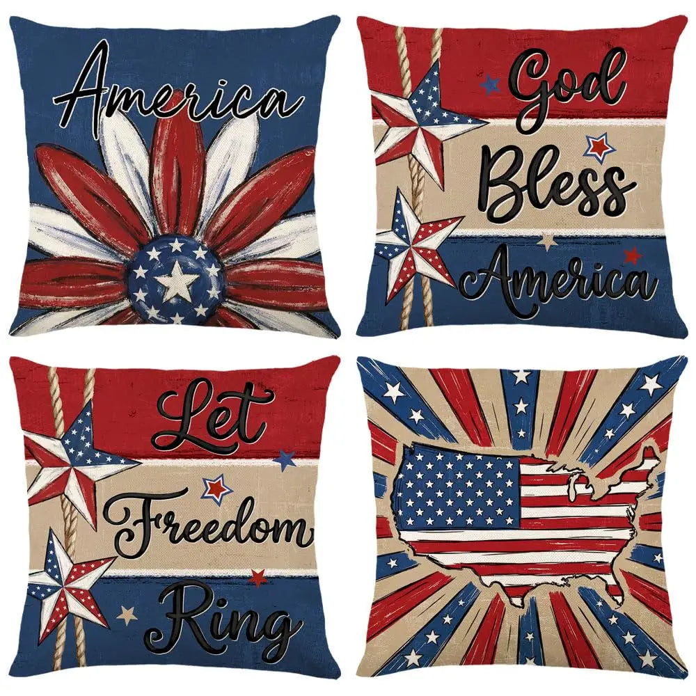 4th of July Pillow Covers 18x18 Set of 4 God Bless America Stars Flower Independence Day Decor Memorial Day Throw Cushion Case