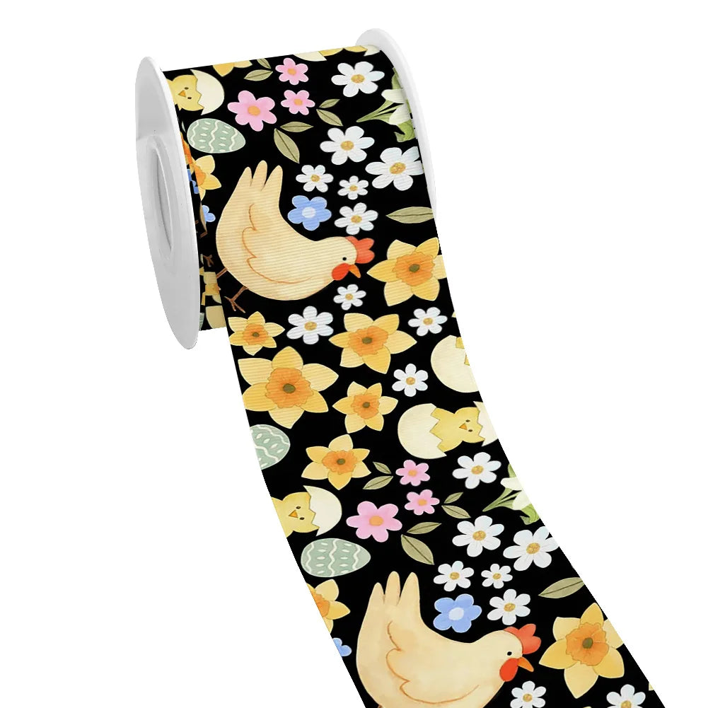 Spring Rabbit Easter Day Chick Cartoon Printed Grosgrain Satin Ribbon for Gift Wrapping Hair Bow Craft Accessory
