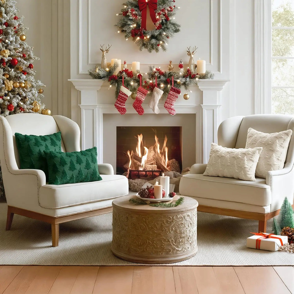 Christmas Throw Pillow Covers Set of 2 Xmas Tree 18x18 Pillow Covers Soft Plush Faux Wool Pillowcases Festival Winter Home Decor