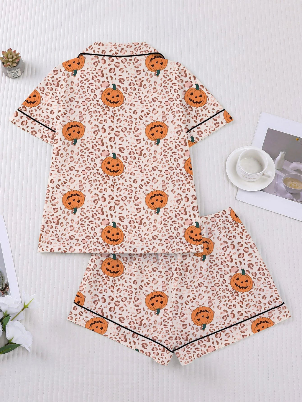 Women's Sleepwear Halloween Print Pajamas Set Collar Short Sleeved Shirt With Shorts Home Suit Set Loungewear Set Pyjama Suit