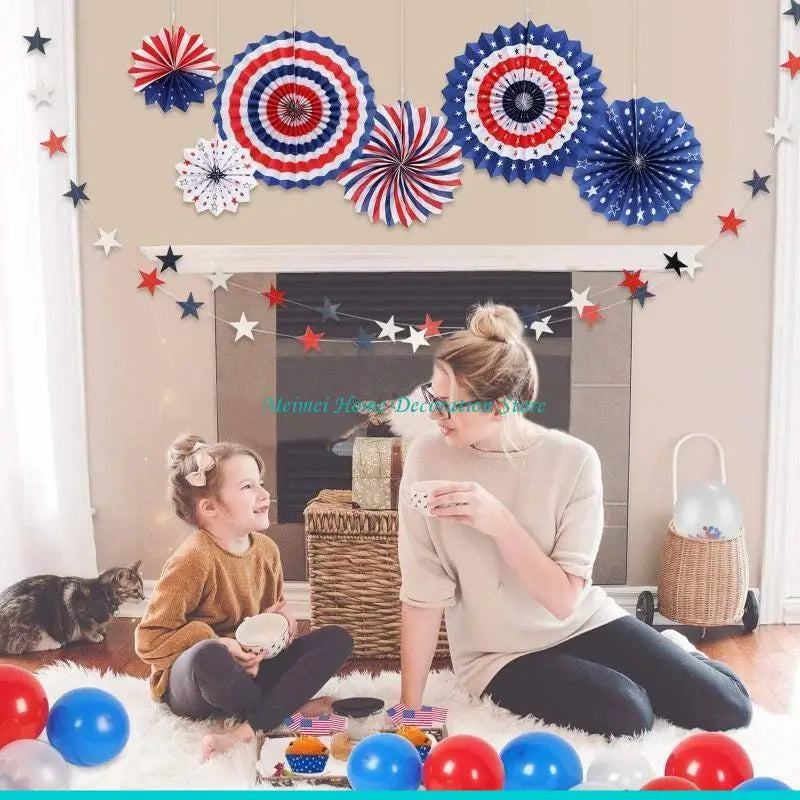H7BF American Independence Day Paper Fan 6pcs/set Party String Flags for Banner Decor for 4 of July Memorial Day Wall