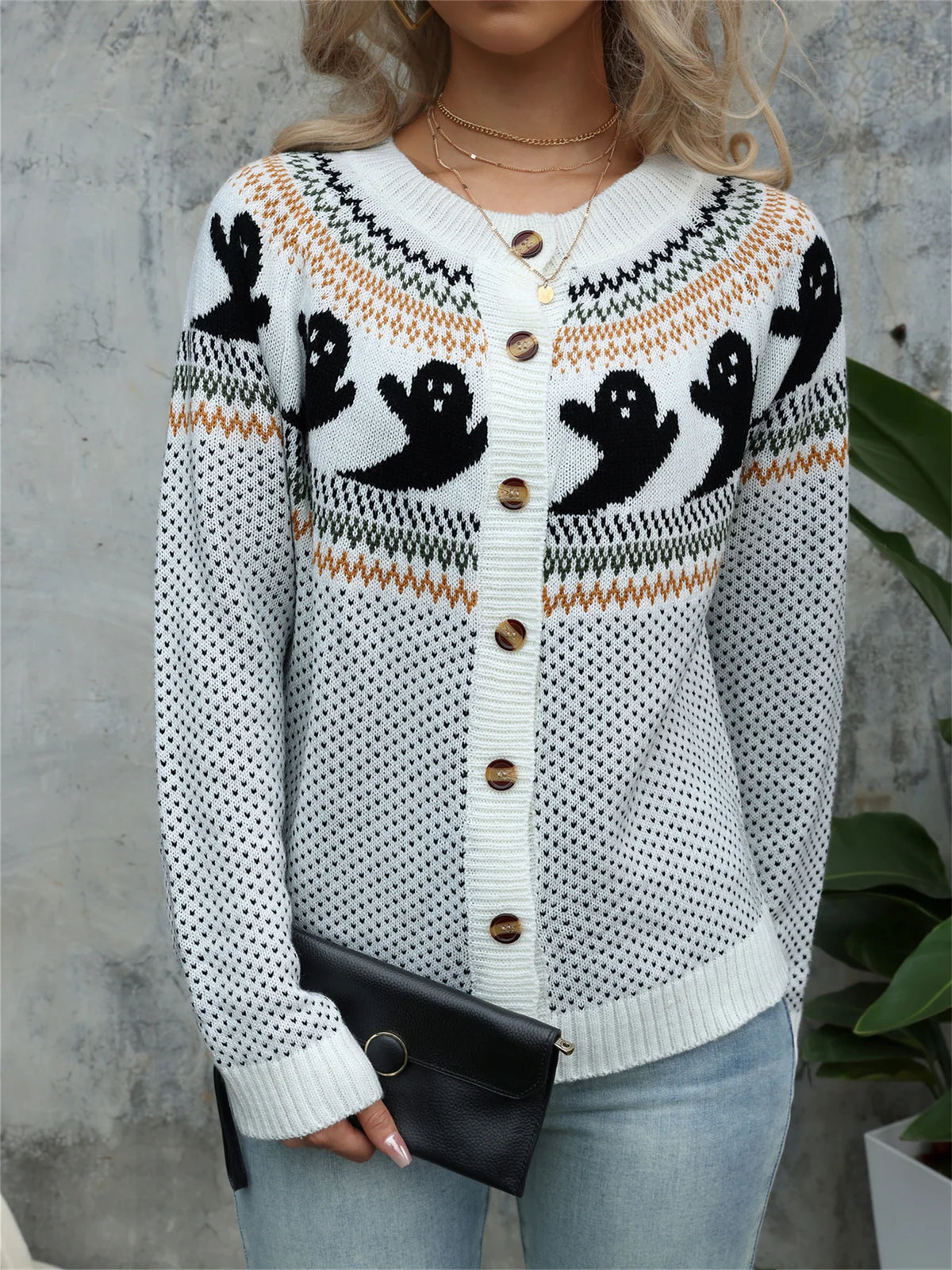 Halloween Ghost Pattern Vintage Crew Neck Button Front Long Sleeve Cardigan Retro Fashion Staple Women Sweater