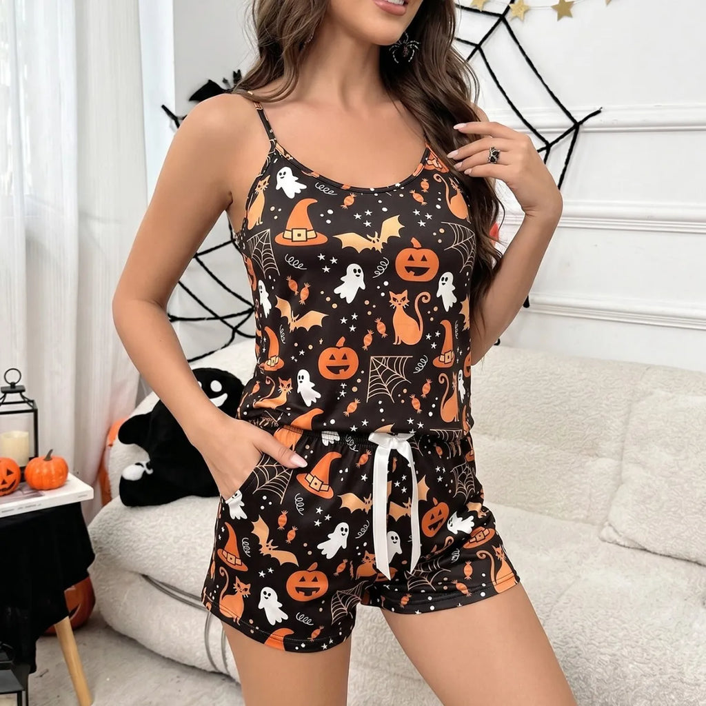 Halloween Print Cami Pajama Set, 2Pcs Spooky Pumpkin Ghost Shorts Loungewear for Women