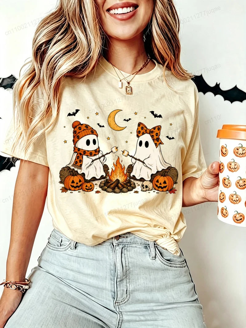 Women Halloween-Cute-Ghost-Camping-Fall Graphic T Shirt Casual Short Sleeve Tee Top Holiday T-shirt Women Fashion Daily Outfits