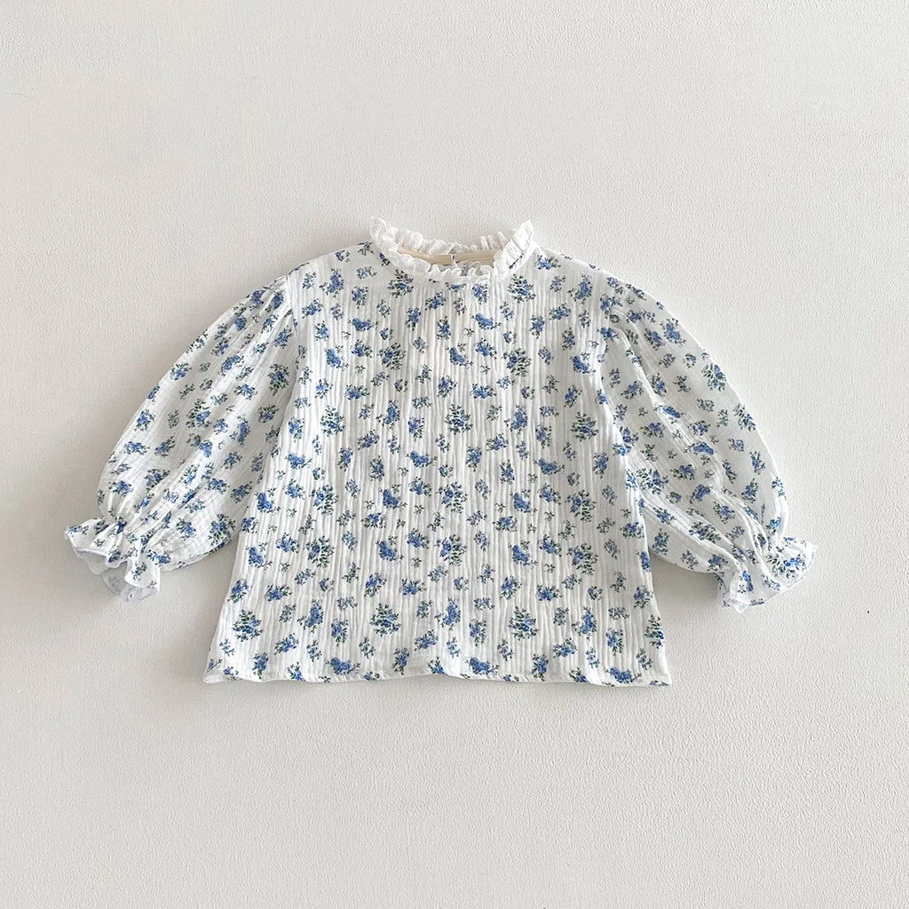 Spring Baby Girls T shirt Little Girls Linen Cotton Long Sleeve Floral Blouses Tees Infant Ruffles Tops Toddler Girl Clothing