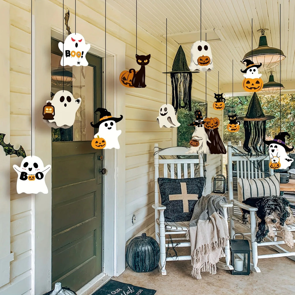 Halloween Hanging Ornaments Ghost Black Cat Pumpkin Witch Hat Hanging Decor for Spooky Halloween Party Porch Ceiling Decoration