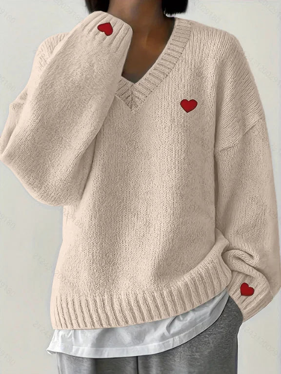 Heart Embroidery Sweater Women's V Neck Oversized Pullover Romantic Casual Top