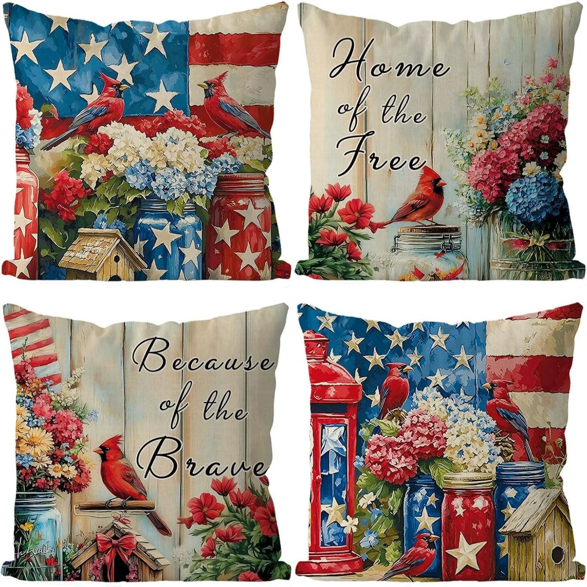 4th of July Pillow Covers 18x18 Set of 4 God Bless America Stars Flower Independence Day Decor Memorial Day Throw Cushion Case