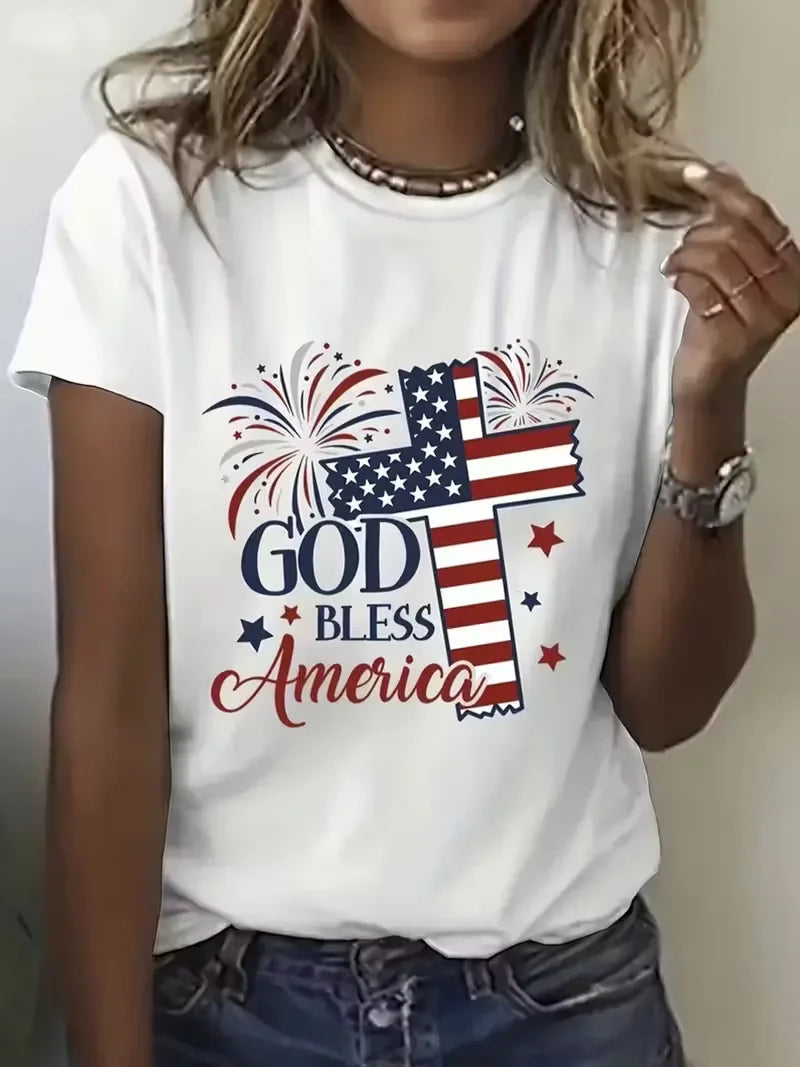 God Bless America Tee Women's Patriotic USA Flag Floral Bowknot Print T-Shirt - 4th of July Independence Day Design T-Shirts