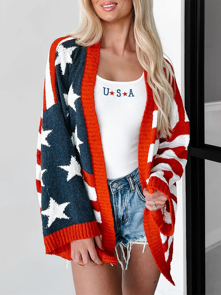 Women's Chic Flag Sweaters Cardigans 4th of July Long Sleeve Sweater Cardigans Open Front Knitwear Coat Tops