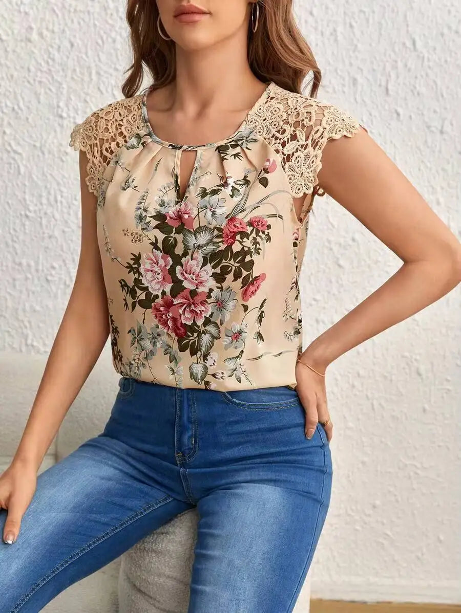 Women T-Shirt Spring Summer Light Beige Floral Print Round Neck Keyhole Shoulder Lace Sleeveless Sweet Elegant Daily Casual Top