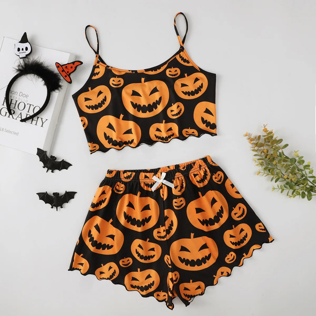 Halloween Pajamas Set Women Sleepwear Devil Pumpkin Print Short Sleeve Tops and Shorts Set Home Clothes Nightwear