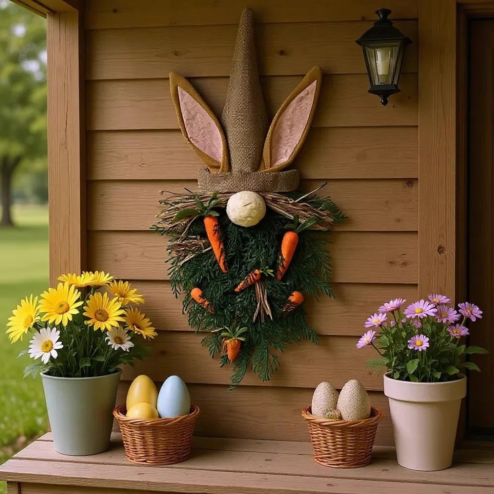 Rustic Style Easter Gnome Pendant Plastic Handmade Easter Bunny Wreath With Carrot Rabbit Ears Door Hanger Garden Decor