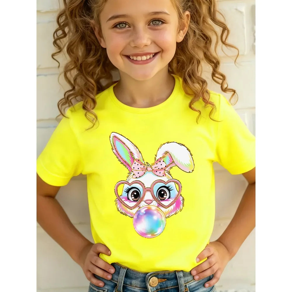 Summer EASTER Cute Bow Rabbit Print Children's Cotton Tshirt Casual Trendy Girls Short Sleeved Shirts Fashion Kids Clothes Tees