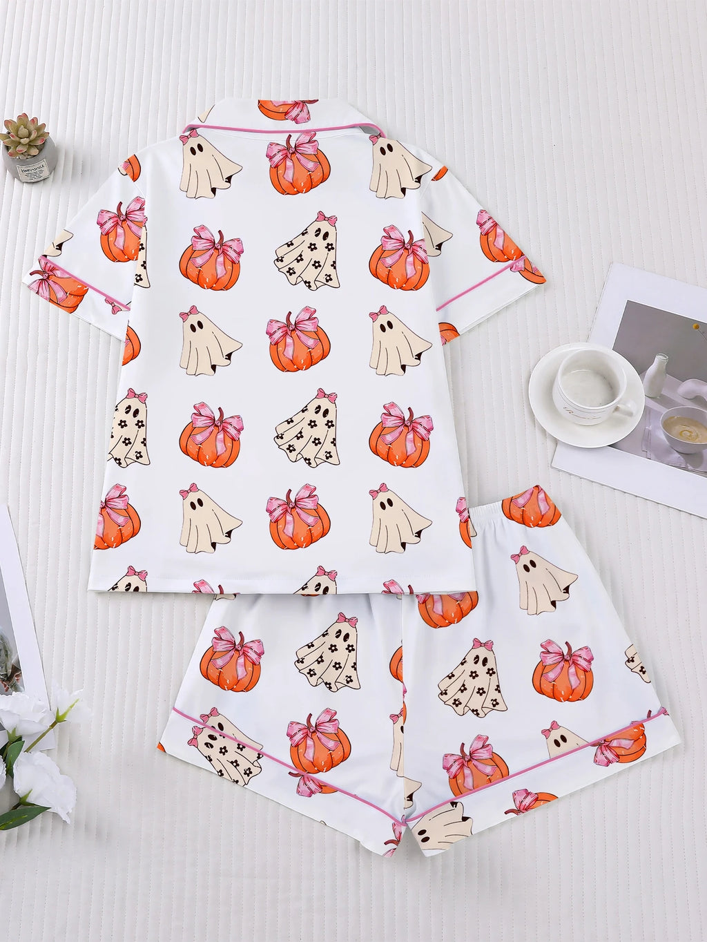 Women's Sleepwear Halloween Print Pajamas Set Collar Short Sleeved Shirt With Shorts Home Suit Set Loungewear Set Pyjama Suit