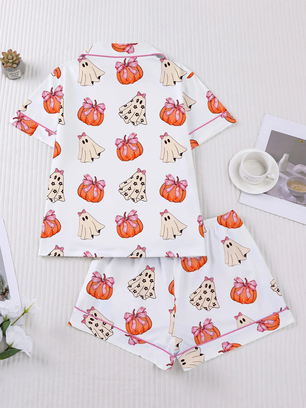 Women's Sleepwear Halloween Print Pajamas Set Collar Short Sleeved Shirt With Shorts Home Suit Set Loungewear Set Pyjama Suit