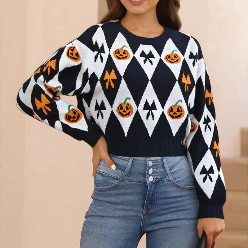 Combhasaki Women Halloween Knitted Sweater Jumpers Round Neck Long Sleeve Pumpkin Bowknot Print Cropped Knitwear Pullover Tops