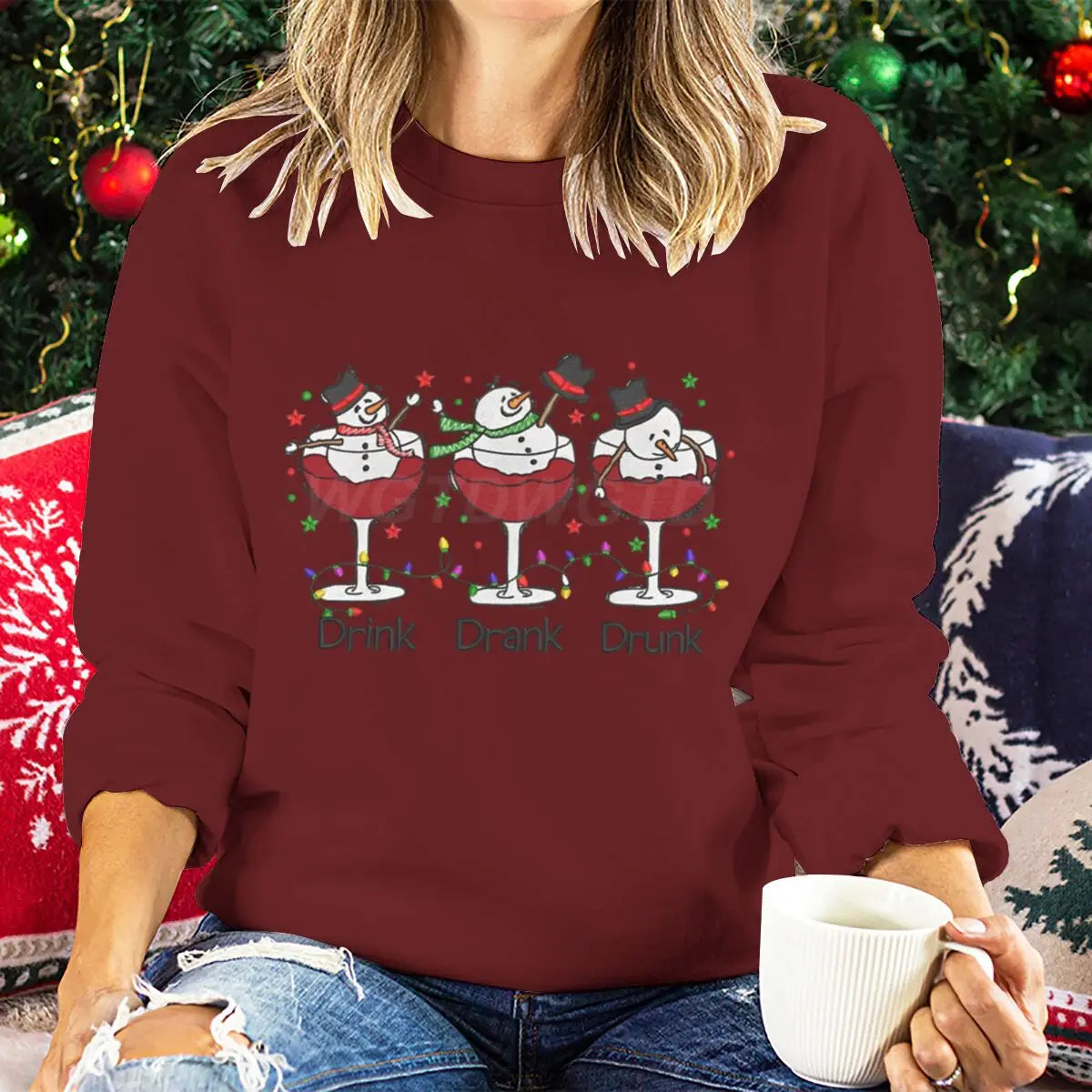 Women Wine Glass Christmas Sweatshirt Jumper Xmas Gifts Cartoon Top Long Sleeves Funny Cute Snowman Harajuku Fashion Sweater