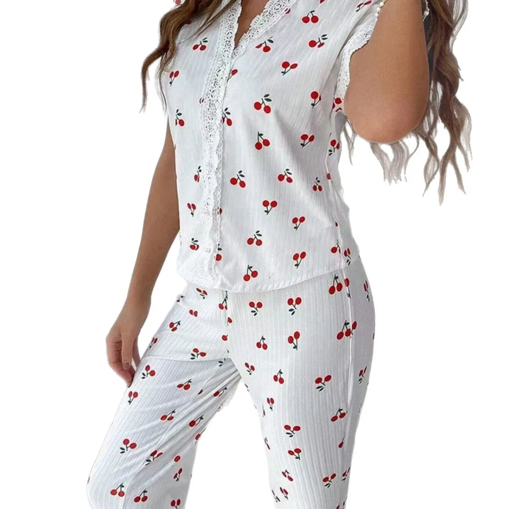 Sexy V-Neck Printed Pajamas Home Suit Set for Women's Hot Selling Cherry Lace Lace Short Sleeved Pants Summer Pajamas Set