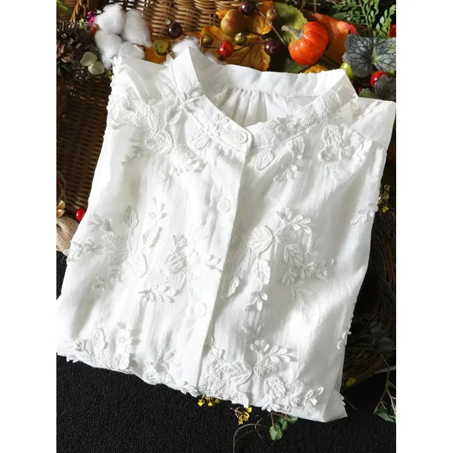 SuperAen Spring New Three-dimensional Flower Embroidered Cotton White Shirt Women Loose Sweet O-neck Long-sleeved Shirts