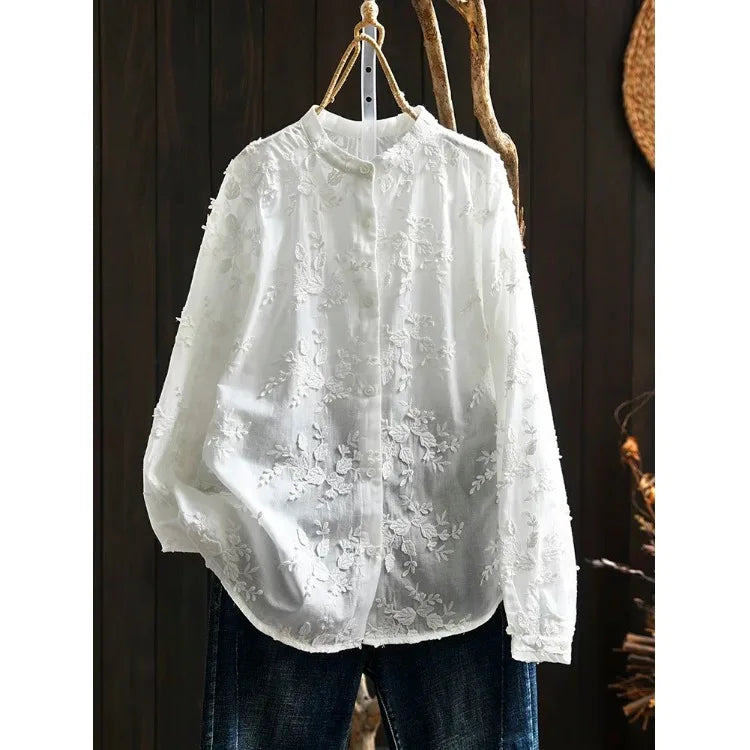 SuperAen Spring New Three-dimensional Flower Embroidered Cotton White Shirt Women Loose Sweet O-neck Long-sleeved Shirts