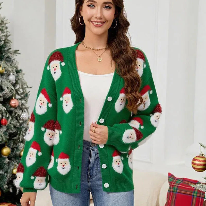 Women's Christmas Sweater Jacket Cosplay Santa Claus Print Warm Soft Knit Cardigan New Year Clothing Christmas Party Cardigan