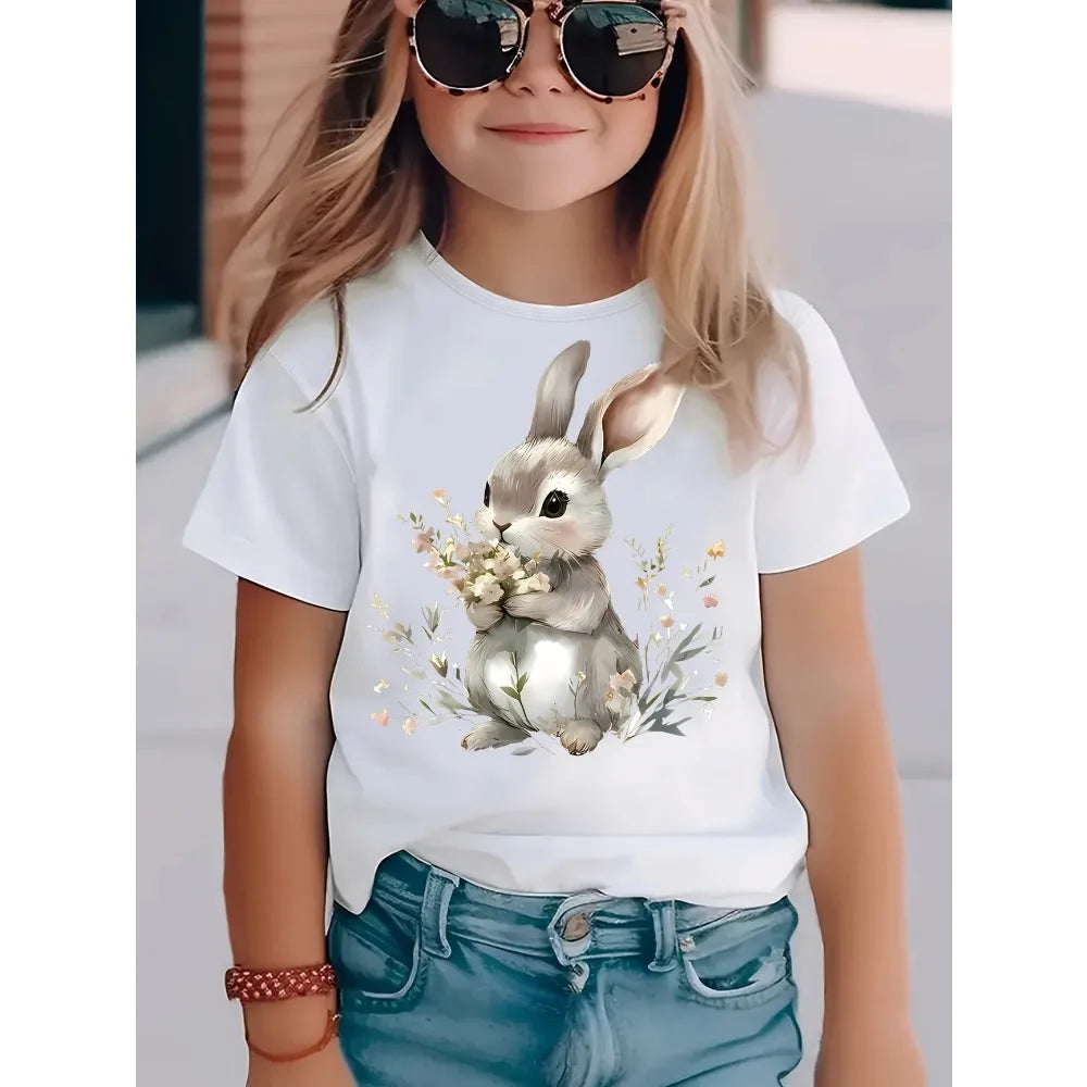 Summer EASTER Cute Bow Rabbit Print Children's Cotton Tshirt Casual Trendy Girls Short Sleeved Shirts Fashion Kids Clothes Tees